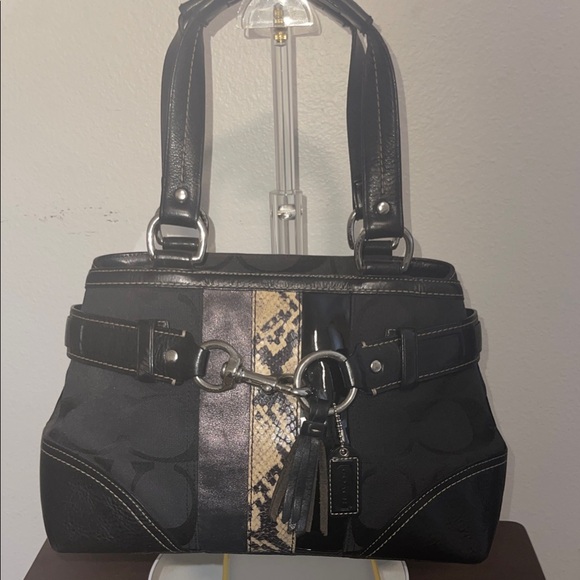 Coach Handbags - Coach Black and Tan Shoulder Bag with Snakeskin and  Patent Leather Accent.
